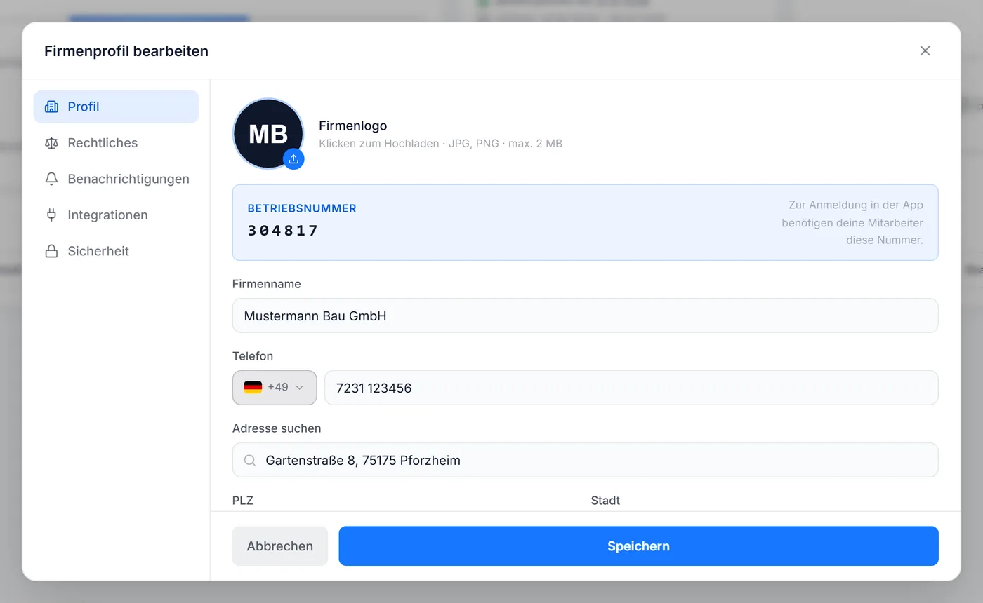 Firmenprofil mit Firmenlogo, Betriebsnummer, Firmenname, Telefon und Adresse