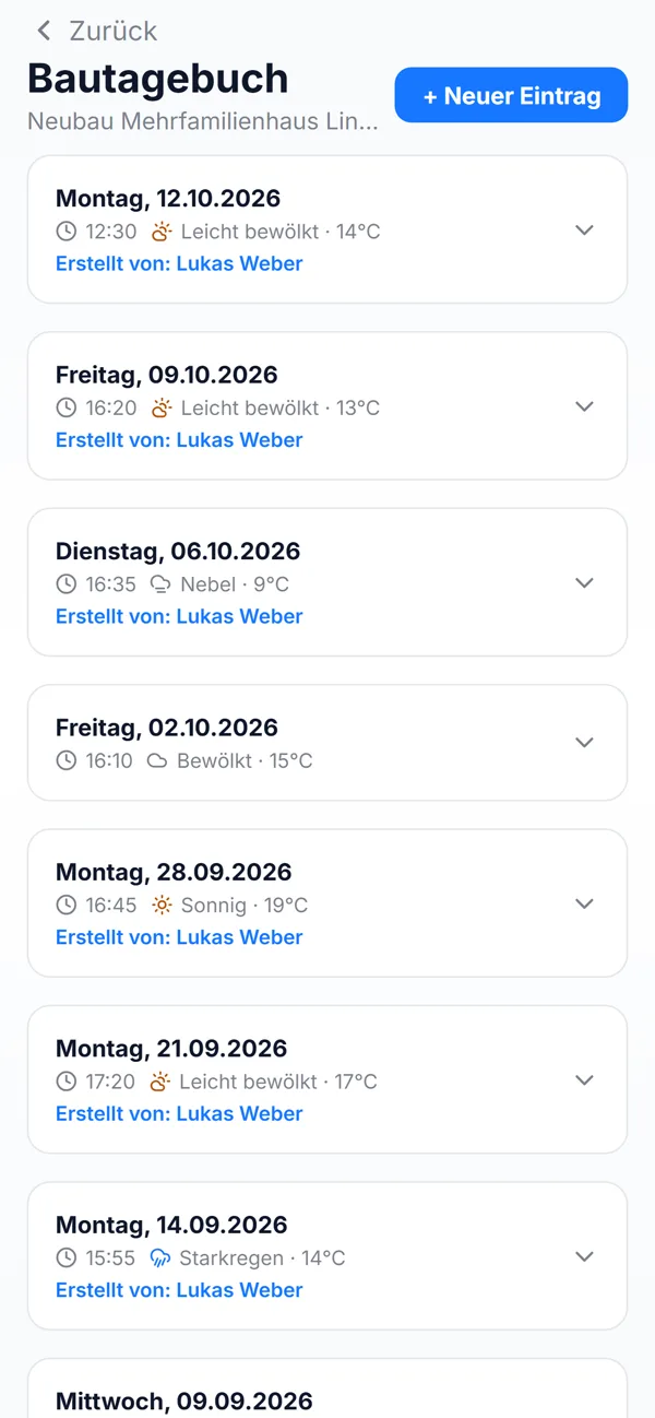 App: Bautagebuch mit Einträgen und Wetter