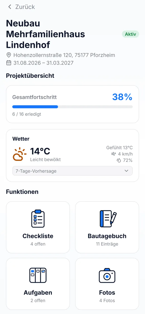 App: Baustelle mit Fortschritt und Wetter