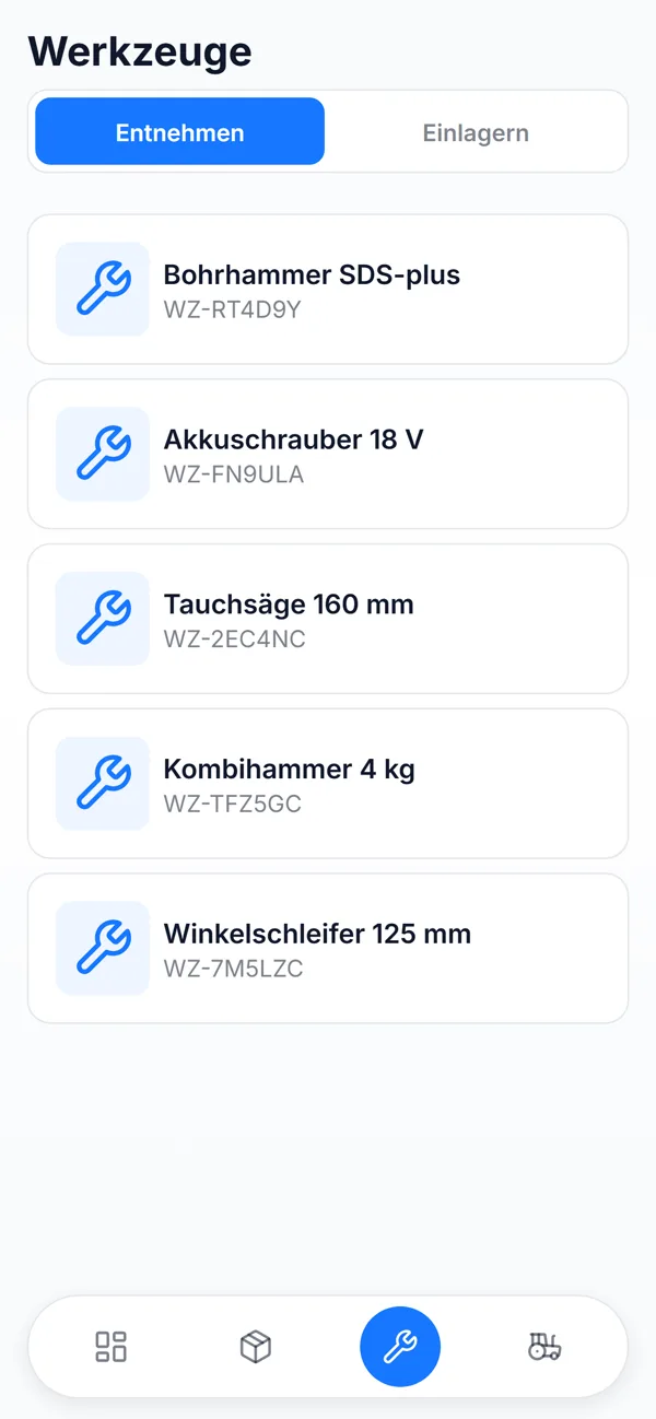 App: Werkzeuge entnehmen und einlagern